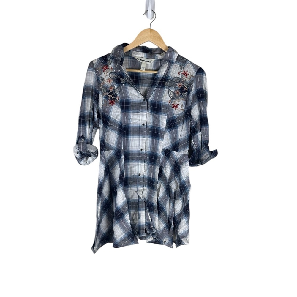 Tantrums Blue Plaid Embriodered Floral 1/4 Sleeve Button Up Sleeve Top Size S
